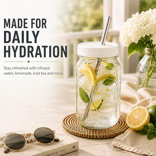 Reusable Wide Mouth Smoothie Boba Tea Cups Bubble Tea Cups with Lids and Silver Straws Mason Jars Glass Cups (2-pack, 32 oz mason jars)