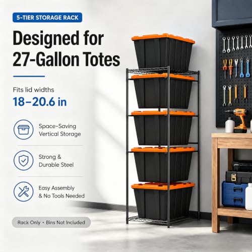 5-Tier Tote Storage Rack for 27 Gallon Bins, Metal Storage Bin Rack Organizer System, Wire Storage Shelving Unit for 18-20.6" Lid Width Totes, 250 lb Capacity, Garage Pantry Basement, Rack Only (1)