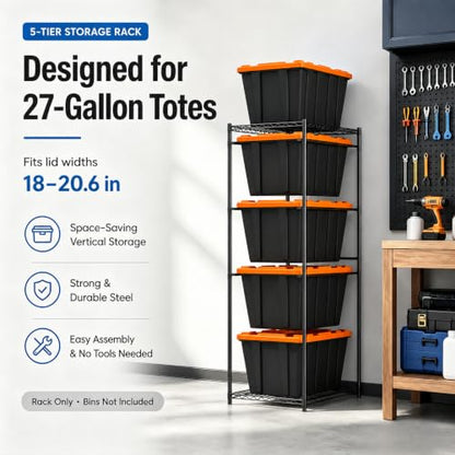 5-Tier Tote Storage Rack for 27 Gallon Bins, Metal Storage Bin Rack Organizer System, Wire Storage Shelving Unit for 18-20.6" Lid Width Totes, 250 lb Capacity, Garage Pantry Basement, Rack Only (1)