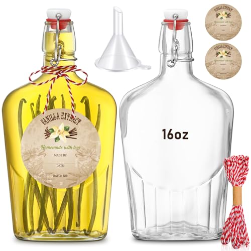 Uiifan 2 Pack 16 oz Vanilla Extract Bottles with Swing Top Flask Whiskey Pocket Clear Glass Flask for Homemade Vanilla Extract Lemon Kombucha Water Apply Christmas Wedding Gift (Clear) - color: Clear, size: 16oz