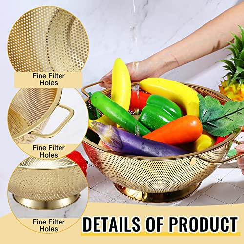Norme 5 Quart Stainless Steel Gold Colander and 3 Pcs Gold Fine Mesh Strainer, Stainless Steel Pasta Rice Food Metal Strainer with Handles, Easy Clean and Dishwasher Safe - color: Gold, size: 5 Quart