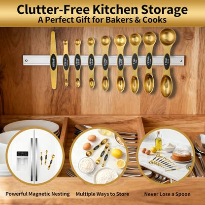 Gold Magnetic Measuring Cups & Spoons Set of 16, 7 Stainless Steel Measuring Cups, 8 Double-Sided Measuring Spoons & 1 Leveler, Premium Finish Baking Tools Kitchen Gadget for Dry & Liquid Ingredients - color: Gold