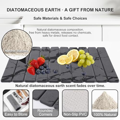 3 PCS Large Stone Dish Drying Mat for Kitchen Counter, Quick Dry Diatomaceous Earth Mat with Sink Faucet Pad, Marble Water Absorbing Stone Drying Mats for Dishes, Bottles and Cups - color: Dark Grey Marble