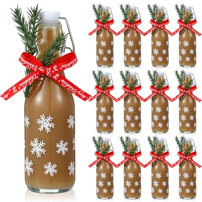 Sieral 12 Pack Christmas Snowflake Swing Top Glass Bottle 8oz Clear Flip Top Beer Brewing Bottles with Ribbon and Artificial Branches for Liquids Wine Xmas Gifts - style: Snowflake
