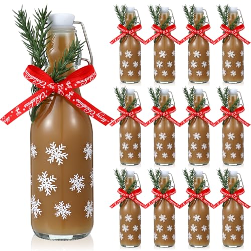 Sieral 12 Pack Christmas Snowflake Swing Top Glass Bottle 8oz Clear Flip Top Beer Brewing Bottles with Ribbon and Artificial Branches for Liquids Wine Xmas Gifts - style: Snowflake