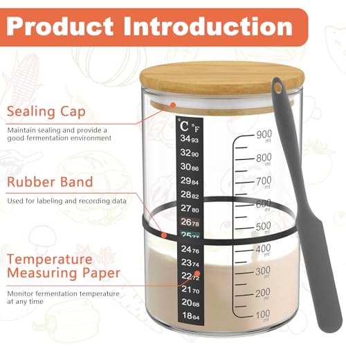 10Pcs Sourdough Starter Jar Kit 900ml Heat Resistant Sourdough Starter Container with Wooden Lid Spatula Reusable Wide Mouth Glass Sourdough Fermentation Jar for Sourdough Baking ZHAZHAMO