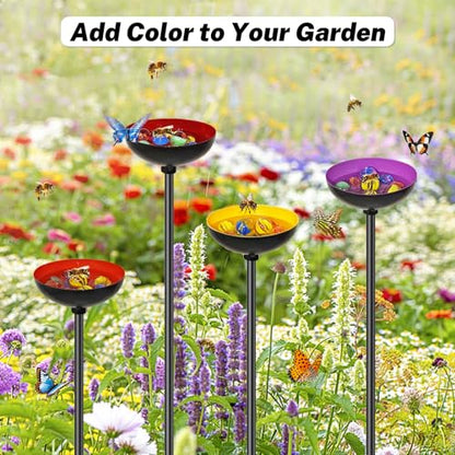4 Pack Bee Watering Station for Garden, MeyRolizn Outdoors Metal Bee Butterfly Feeder with Glass Marbles, Butterfly Bath Insects Water Bowl for Yard Patio Decor - style: 4pcs Yellow Purple Red Orange
