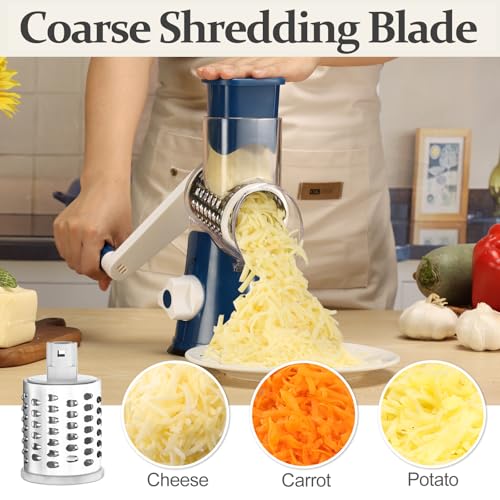 Cambom Rotary Cheese Grater Hand Crank Cheese Shredder for Fresh Cheese, Vegetable, Nuts,Non-slip Suction Base, Five Blades, Dark Blue - color: Dark Blue, size: 5 BLADES