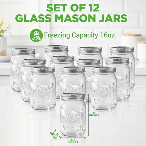 NutriChef 12-Pack 16 oz Mason Jars with Lids - Thick Glass Canning Jars with Stainless Steel Lids - Ideal for DIY Spices, Meal Prep, Overnight Oats, Jelly, Jam, Honey, Candles, Crafts, & More - style: 12 Pack