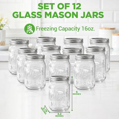 NutriChef 12-Pack 16 oz Mason Jars with Lids - Thick Glass Canning Jars with Stainless Steel Lids - Ideal for DIY Spices, Meal Prep, Overnight Oats, Jelly, Jam, Honey, Candles, Crafts, & More - style: 12 Pack
