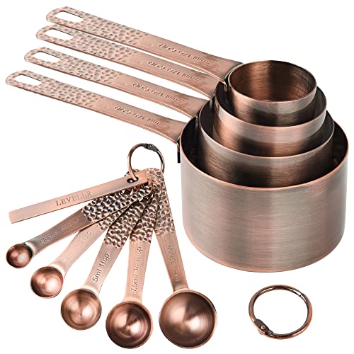 Copper Measuring Cups and Spoons Set 10, Metric & US Stainless Steel Measuring and Spoons Set for Baking & Kitchen, Nesting 4 Metal Measure Cups & 5 Spoons & Leveler for Dry & Liquid - color: Copper