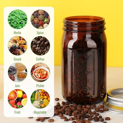 946.4ml(32온스) 앰버 와이드 마우스 메이슨 병 6팩, 측정 마크 포함 | 밀폐 뚜껑이 있는 유리 쿼트 통조림 병, 산세, 발효, 선티, 밀프렙, 향신료, DIY 공예용 보관 - color: 앰버-946.4ml(32온스) 6팩