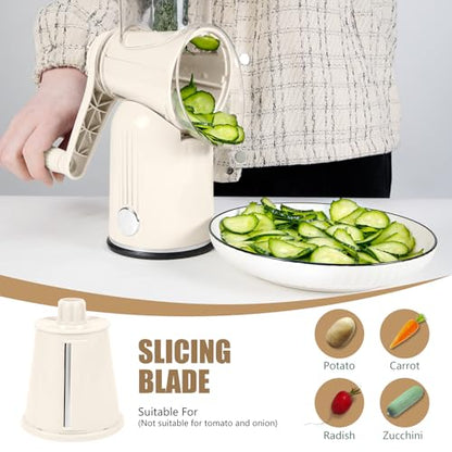 Rotary Cheese Grater with Handle: 5-in-1 Cheese Grater Hand Crank, Strong Suction Base for Fruit Vegetables Nuts with Blade Storage Box (White) - color: White