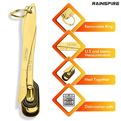 Rainspire Heavy Duty Measuring Spoons Set Stainless Steel, Metal Measuring Cups and Spoons Set for Dry or Liquid, Fits in Spice Jar, Home Gadgets Kitchen Gadgets, Set of 7 Including Leveler, Gold - color: Gold