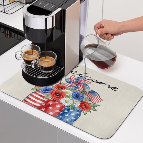 250 Anniversary Dish Drying Mat for Kitchen Counter, Absorbent Quick Dry Coffee Bar Mat Pad Thin Diatomaceous Sink Mats, American Flag Windmill Daisy Florals Beige Non Slip Dish Drainer Mats 16''x24'' - size: 24" x 16"