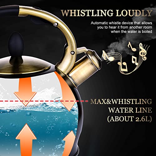 SUSTEAS Stove Top Whistling Tea Kettle - Food Grade Stainless Steel Teakettle Teapot with Cool Touch Ergonomic Handle, With 1 Silicone Pinch Mitt Included, 2.64 Quart(BLACK) - color: Black