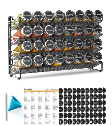 SpaceAid Spice Rack Organizer with 32 Spice Jars, 386 Spice Labels, Chalk Marker and Funnel Set for Cabinet, Countertop, Pantry, Cupboard or Door & Wall Mount - 32 Jars, 15.3" W × 10.8" H, Black - color: Black, size: 32 Jars, 15.3"W × 10.8"H
