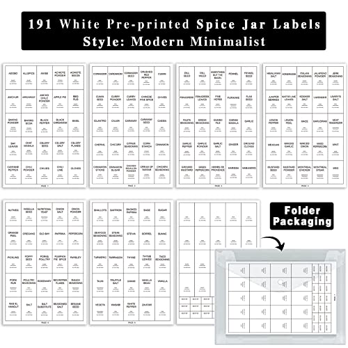 GPOVVIMX 191 Spice Jar Labels Preprinted Minimalist Stickers - White Waterproof Label - Fit Round or Rectangle Spice Jars - Herb Seasoning Kitchen Pantry Labels - color: 191 Spice Labels（no Jars）