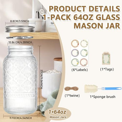 64oz Mason Jars Wide Mouth 1-Pack with 304 Stainless Steel Airtight Lids | Half Gallon Glass Canning Jars, Large Glass Containers for Pantry Storage, Fermenting, Pickling, Cold Brew, DIY Projects - color: Clear-64OZ