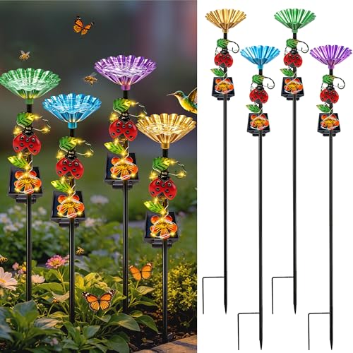 VOOKRY Solar Outdoor Garden Decor Lights & bee/Bird/Butterfly Water Station | Both functions of garden decoration and water supply.Waterproof decor for Patio Lawn Yard,Gifts for Women Mom(4 Pack Ladybug) - size: 4 Pack Ladybug