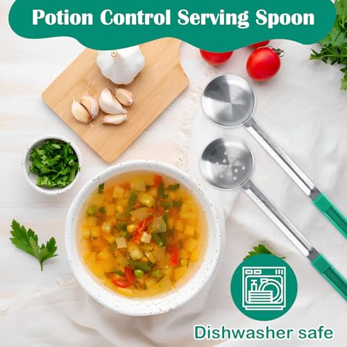 8 PCS Portion Control Serving Spoons, 4 oz Portion Scoops Cups, Solid and Slotted Stainless Steel Ladle Spoon, Pizza Sauce Ladle for Food, Serving Utensils, Measuring and Serving - Green