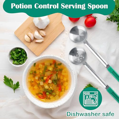 8 PCS Portion Control Serving Spoons, 4 oz Portion Scoops Cups, Solid and Slotted Stainless Steel Ladle Spoon, Pizza Sauce Ladle for Food, Serving Utensils, Measuring and Serving - Green