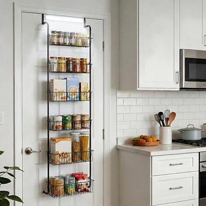 Over Door Organizer Storage - 6 Tier Black Metal Over the Door Pantry Organizer Heavy Duty Hanging Storage Rack, Behind Cabinet Shelves for Home, Kitchen, Bathroom, Closet, Pantry