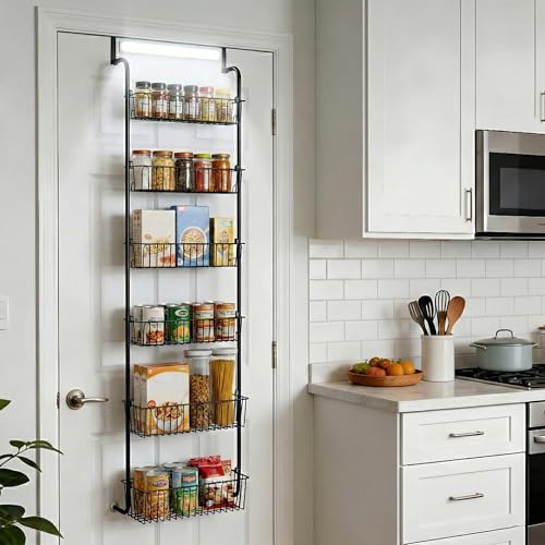 Over Door Organizer Storage - 6 Tier Black Metal Over the Door Pantry Organizer Heavy Duty Hanging Storage Rack, Behind Cabinet Shelves for Home, Kitchen, Bathroom, Closet, Pantry