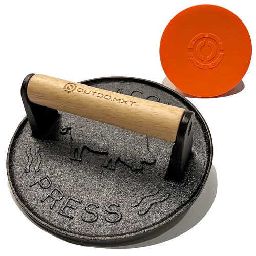 Cast Iron 7" Smash Burger Press,Heavy Duty 2.5lb Burger Smasher with Wood Handle and Silicone Protective Cover for Griddle,Grill Press for Hamburger, Bacon, Steak, Barbecue Grilling Tool - size: Cast Iron 7.0-Inch Round