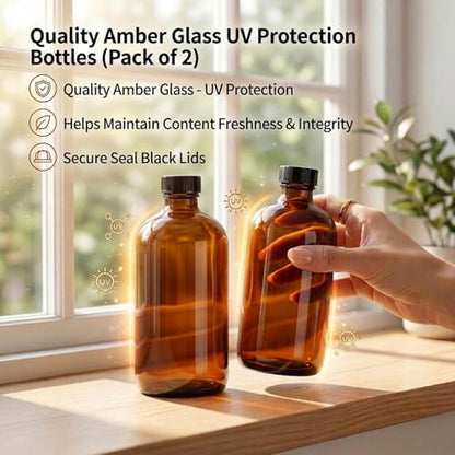 16oz Amber Glass Bottles 2 pack with Lids& Stainless Steel Funnels,Refillable Boston Brown Round,Dispensing for Homemade Vanilla Extract,Oils,Herbal Medicine,Ginger Shots