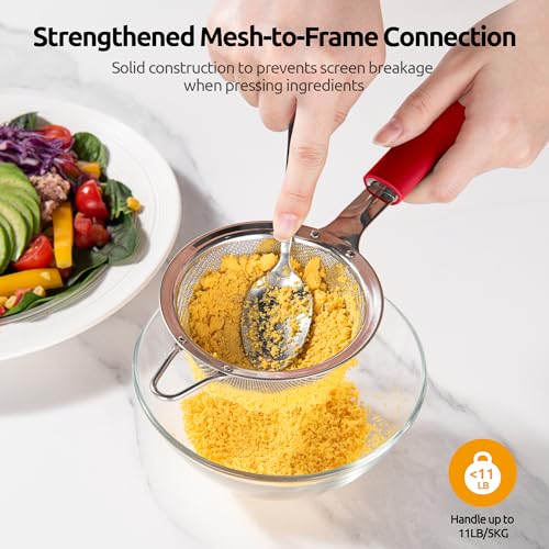 U-Taste Small Fine Mesh Strainer: 18/8 Stainless Steel 3.35in 30 Mesh Kitchen Food Sieve with Sturdy Riveted Silicone Handle, Heavy Duty Deep Handheld Metal Colander for Tea, Juice (Red) - color: (4) Red, size: S-3.35in