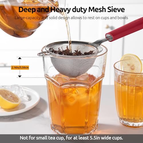 U-Taste Small Fine Mesh Strainer: 18/8 Stainless Steel 3.35in 30 Mesh Kitchen Food Sieve with Sturdy Riveted Silicone Handle, Heavy Duty Deep Handheld Metal Colander for Tea, Juice (Red) - color: (4) Red, size: S-3.35in