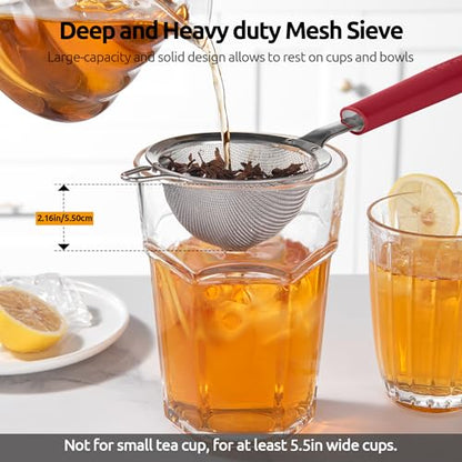 U-Taste Small Fine Mesh Strainer: 18/8 Stainless Steel 3.35in 30 Mesh Kitchen Food Sieve with Sturdy Riveted Silicone Handle, Heavy Duty Deep Handheld Metal Colander for Tea, Juice (Red) - color: (4) Red, size: S-3.35in