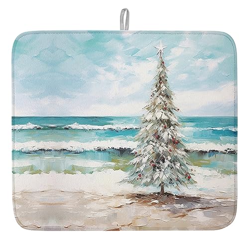 Coastal Christmas Tree Dish Drying Mat for Kitchen Counter, Microfiber Rack Pads, Modern Oil Painting Beach Xmas Tree Absorbent Dish Bottle Drying Mat, 16''x18'', 1 Pack - size: 1PCS-16x18in