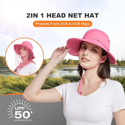 Mosquito Head Net Hat - Bug Cap UPF 50+ Sun Protection with Hidden Netting for Beekeeping Hiking Women - color: Rose Red
