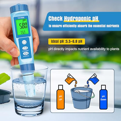 YINMIK Water pH Meter, Digital 4 in 1 pH Temp EC TDS Meter for Hydroponics, PH Conductivity PPM Tester with EC Calibration Liquid, Suit for Growing Nutrients,Reservoir Tank,DWC,Brewing,Pool, Aquarium