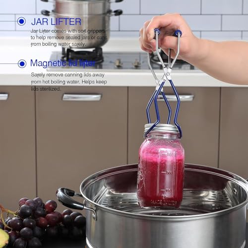 7 Pieces Canning Supplies Kit, Stainless Steel, Blue | Steamer Rack, Canning Funnel, Jar Lifter, Wrench & Tongs, Lid Lifter Bubble Remover Tool - color: Blue