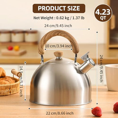 18/8 Stainless Steel Tea Kettle for Stovetop (4L / 4.23 Quart Whistling Tea Pot, Wood Handle)-Silver - size: 4.2 Quarts