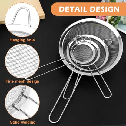 Fine Mesh Strainer Set 4 Pack Stainless Steel Kitchen Sieves | Four sizes for tea, coffee, flour, sugar, rice, and quinoa, includes 3 round sieves and 1 conical strainer