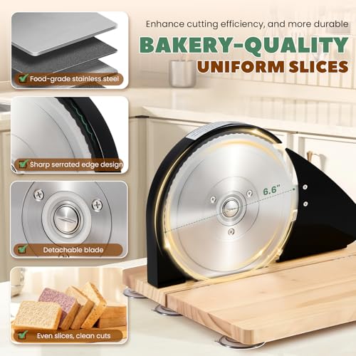Huanyu Manual Bread Slicer Upgrade Foldable Sourdough Cutter Versatile Hand Crank Stainless Steel Blade Adjustable Thickness with Scale Line & Suction Cup for Homemade & Commercial Use Black