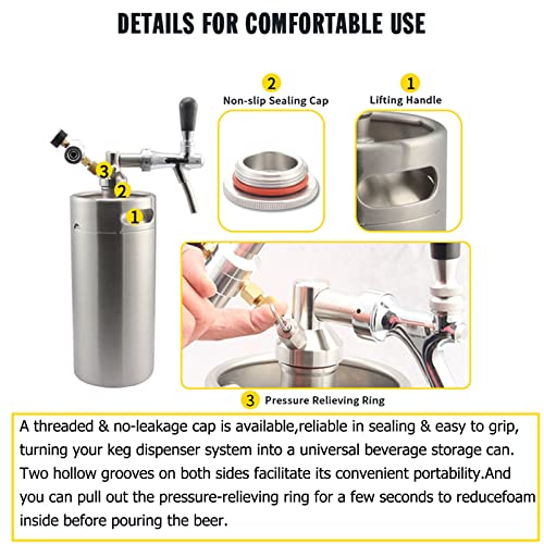 Mini Stainless Steel Beer Keg,Portable Home Dispenser System to Keep Fresh for Home Kitchen Brewing Beer,Keeps Carbonation for Craft Beer Draft and Homebrew,3.6 liters