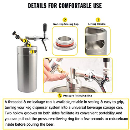 Mini Stainless Steel Beer Keg,Portable Home Dispenser System to Keep Fresh for Home Kitchen Brewing Beer,Keeps Carbonation for Craft Beer Draft and Homebrew,3.6 liters