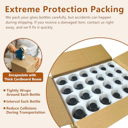 24 Pack 8oz Amber Glass Boston Round Bottles with Phenolic Polycone Caps – Airtight, Leak-Proof Brown Glass Containers for Kombucha Brewing, Storing Condiments, Essential Oils, and Homemade Solutions - size: 8oz