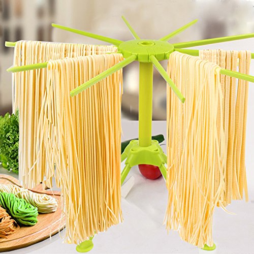 Kitchen Pasta Drying Rack Folding with Extra Large Silicone Baking Mat, iPstyle Spaghetti Drying Rack Noodle Stand 10 Bar Handles (Drying Rack + Baking Mat)