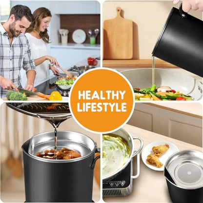 Chihee Grease Container Stainless Steel 2L / 67.6 fl oz Fine Mesh Strainer | Easy to Clean Large Spout Bacon Grease Saver Cooking Oil Keeper Stoarge Can with Dust-proof Lid Non-slip Tray Kitchen Frying - color: Black(2L)