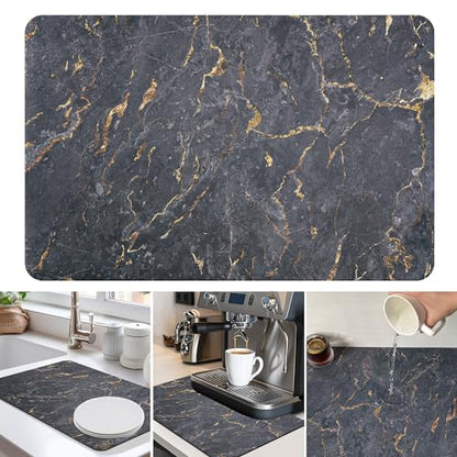 Dish Drying Mat Coffee Bar Mat for Kitchen Counter, Absorbent Dish Rack Pad Hide Stain with Non-slip Rubber Backed Coffee Accessories Fit Under Espresso Machine Maker Black Marble 22.83"x14.96"