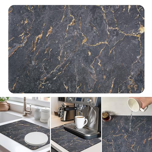 Dish Drying Mat Coffee Bar Mat for Kitchen Counter, Absorbent Dish Rack Pad Hide Stain with Non-slip Rubber Backed Coffee Accessories Fit Under Espresso Machine Maker Black Marble 22.83"x14.96"
