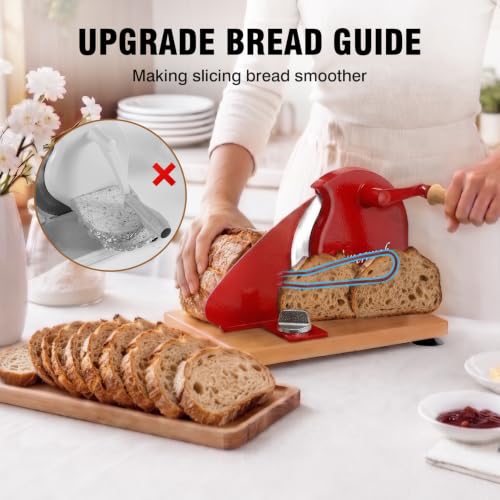 vanerepok Manual Bread Slicer Adjustable Thickness for Homemade Sourdough | Hand Crank Bread Cutter with Scale & Stable Suction Cups & Wood Base for Even Slicing Perfect Baking Gift for Home Bakers - color: Deep Red