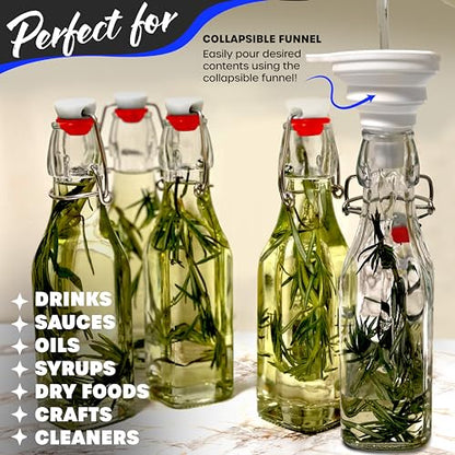 Nevlers 8.5 Oz Square Swing Top Glass Bottles with Stoppers 6 Pack | Flip Top Glass Bottle with Lid | Liquor Bottle Set w/ Funnel, Brush & Marker | Dressing & Homemade Vanilla Extract Bottles - style: Square - 6 Pack