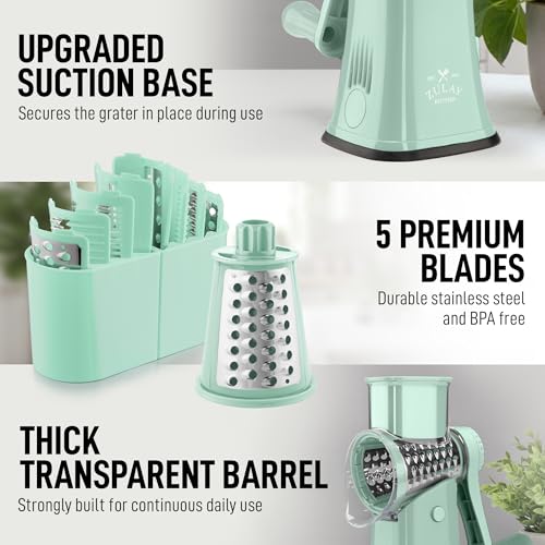 Zulay Kitchen Rotary Cheese Grater 5 Blade Cheese Shredder - Manual Hand Crank Cheese Grater With Reinforced Suction & 5 Interchangeable Drums - Easy to Use, Vegetable Chopper Round Mandoline Slicer - color: Seafoam